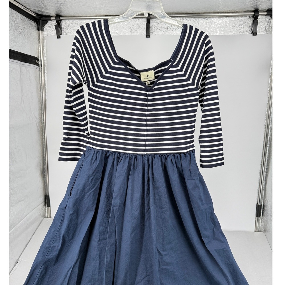 Tuckernuck‎ Womens XL Mixed Media Striped Knit Poplin Midi Dress Navy Pockets